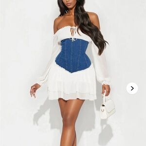 FASHION NOVA WHITE DENIM CORSET STRETCH DRESS MEDIUM M HOT CHIFFON SHORT
